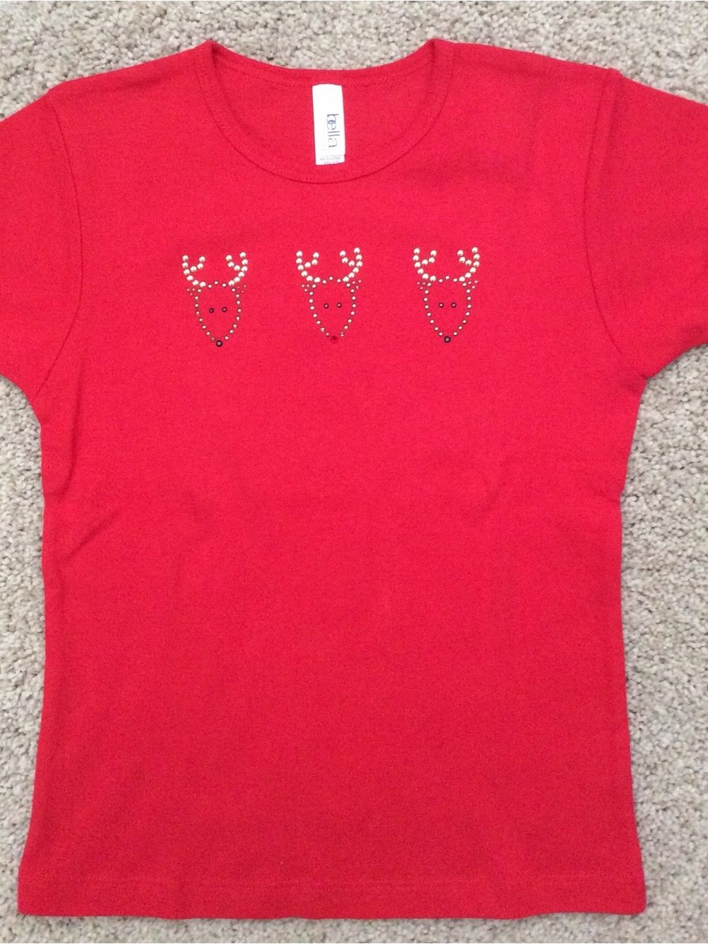 Bella Girls Red Rhinestone Rudolph Reindeer Holiday Tee Shirt Size 10-12